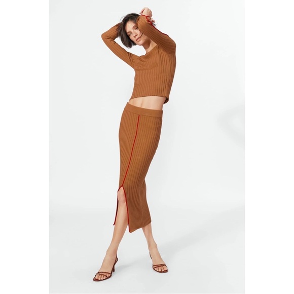 Zara Ribbed Long Sleeve Sweater Womens Brown Contrasting Piping Pullover Medium - Picture 11 of 11